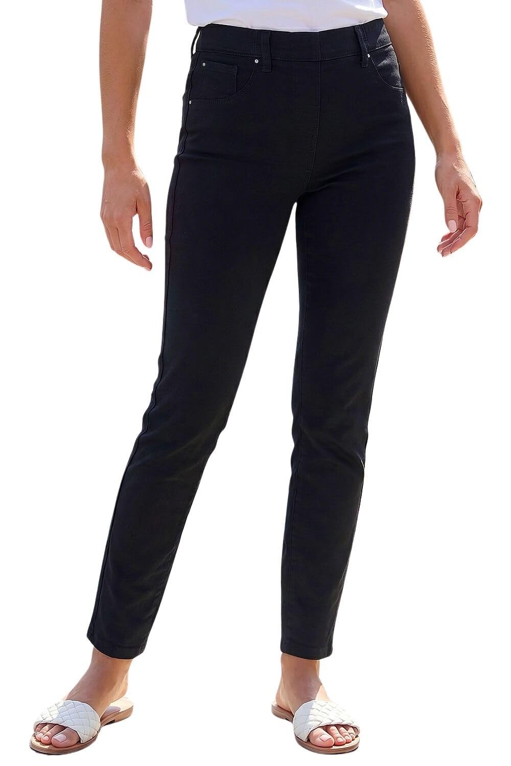 Roman Originals Jeggings for Women UK Jean Ladies Stretchy Trousers Denim Leggings High Waist Rise Pull On Skinny Straight Leg Cotton Pants Smart Casual - Petite Jet Black (28 inch) - Size 8