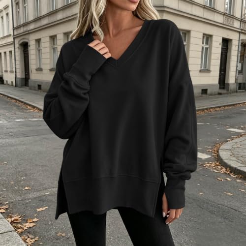 FPMLUXLL Sweatshirt for Women Casual Side Slit V Neck Sweaters Fall Clothes - image 2