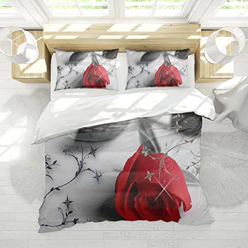 SAISEMIHOME Rose King Duvet Cover Set 3 Pieces Romantic Red Floral Print Bedding Set Soft Microfiber Comforter Bedding Home Decor for All Season Single