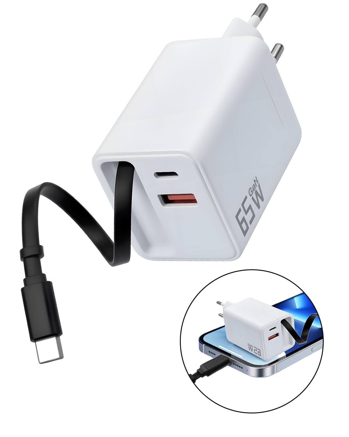 Caricatore USB-C GaN 65W 3 in 1 con Cavo Retrattile USB C GaN a 3 Porte con Cavo di Ricarica Retrattile da 70cm per iPhone 16/15/14 Pro Max, Galaxy S25 Ultra, iPad, Huawei Pura 70