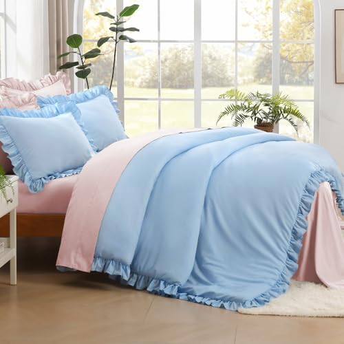 Image of Litanika Light Blue Full Size Comforter Sets, 3 Pieces Ruffle Farmhouse Aesthetic Bedding Comforter Sets, All Season Soft Lightweight Fluffy Microfiber Bed Set(79x90In Comforter, 2 Pillowcases)