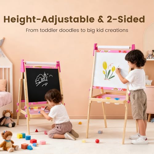 NEWBULIG Kids Easel, Double-Sided Magnetic Chalkboard & Dry Erase Board with Paper Roll, Adjustable Wooden Art Easel for Toddlers 3+, Art Station for Drawing, Painting & Learning, Pink - Image 2