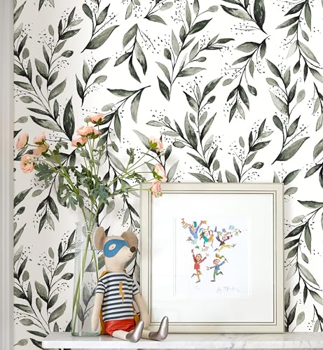 Erfoni Papel tapiz de hojas verdes para despegar y pegar, papel de contacto floral, 17.7 x 78.7 pulgadas, hojas verdes, papel tapiz autoadhesivo para despegar y pegar, flores botánicas de oliva, papel