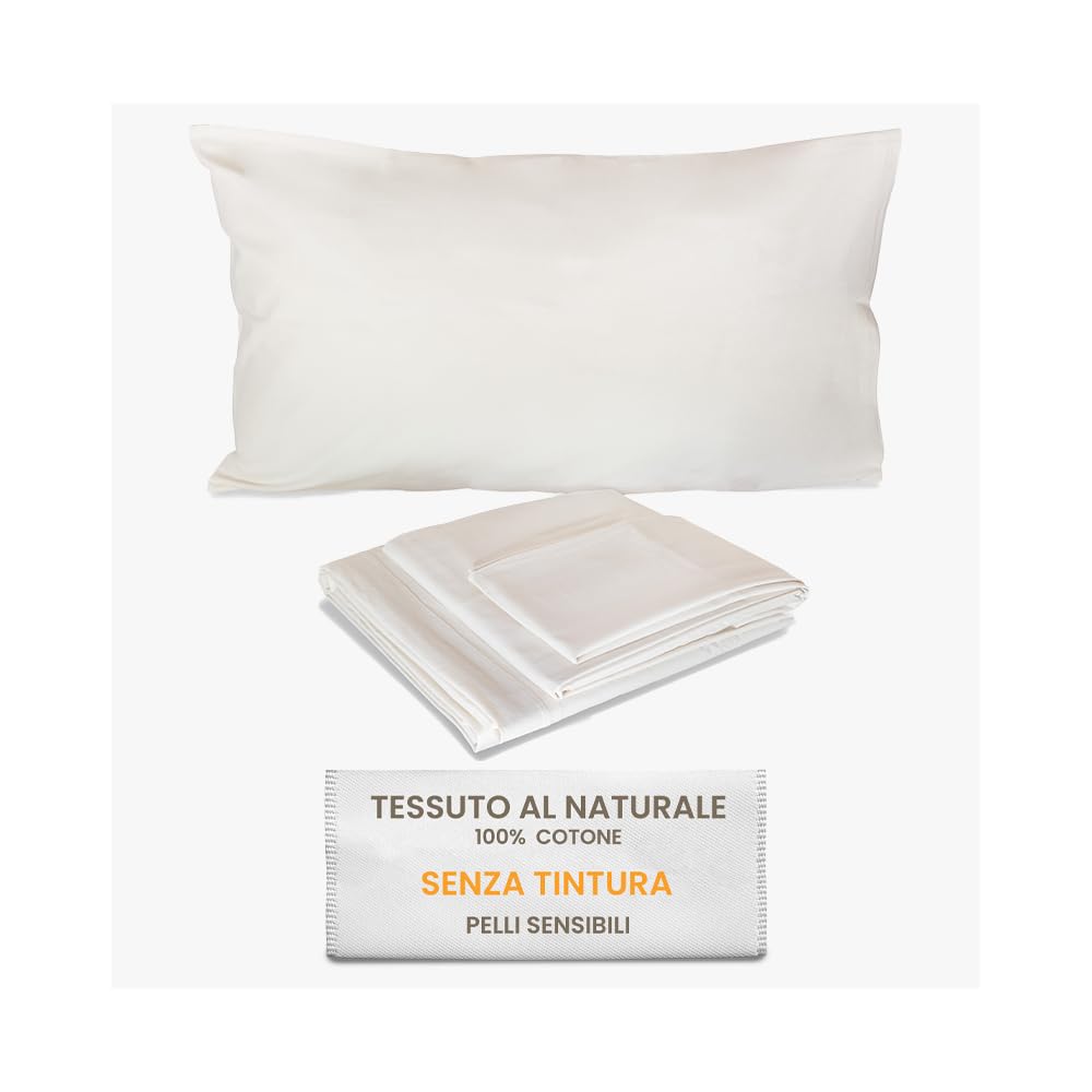 zer0bed, Set Lenzuola Matrimoniali Tinta Unita, 100% Cotone Solo Sbozzima, Senza Candeggiatura, Senza Tintura, Completo Letto,Made In Italy, Ec0bed, Fresco, Traspirante, Matrimoniale