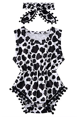 Infant Girls Cow Print Rompers for Toddlers Cute Black and White Dots Bodysuits Crewneck Buttons Snap Design Jumpsuits with Tassel Kids Boy Casual Sleeping Sleeveless Lovely Clothes, 3-6 Months