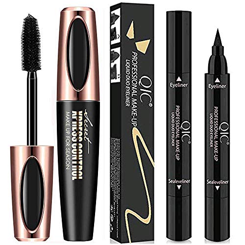 4D Silk Fiber Eye Lash Mascara With Eyeliner Stamp Thrive Liquid Extension Best for Eyelash Thickening & Lengthening Long Lasting Waterproof Natural & Non-Toxic Hypoallergenic Ingredients (A)