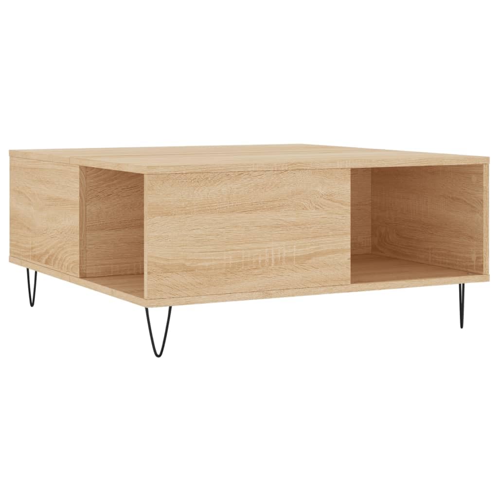 Table basse carrée chêne Sonoma 80x80 cm avec pieds métal et rangement pour salon