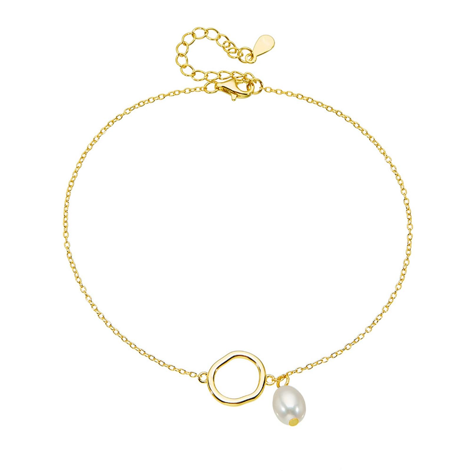 Pulsera tobillera con círculo irregular con perla para mujer, oro de 18 quilates con perla, pulsera tobillera para mujer, oro amarillo de 9 quilates, 14 y 18 quilates