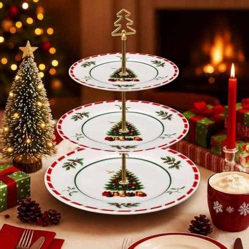 Lallisa 3 Tier Christmas Cake Stand 10', 9' and 7' Ceramic Xmas Tree Tiered Cupcake Display Holder Tower for Serving Food Cake Desserts Treats Holiday Party Decoration