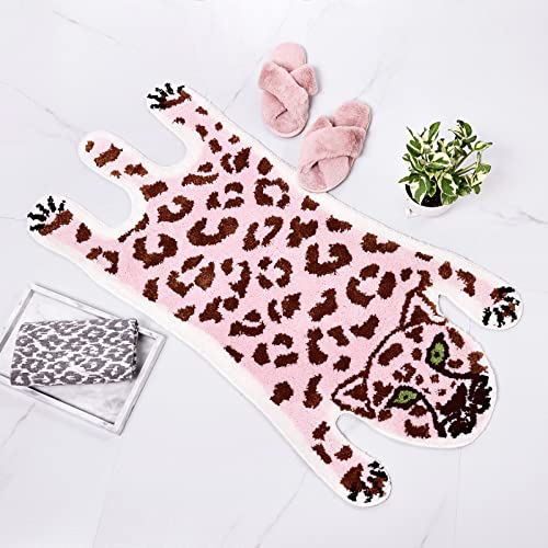 Panstar Cute Pink Leopard Bath Mat For Bathroom, Cute Cartoon Bath Mat Non Slip Animals Shaped Absorbent Bathtub Rug Bathroom Plush Shower Rugs #TOP2