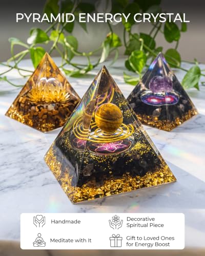 Image of Orgone Pyramid with Healing Crystals - (Space - Planets) - Golden Obsidian Energy Generator for Positive Vibe, Stress Relief & Chakra Reiki Meditation - Spiritual Gift for Success, Wealth & Prosperity