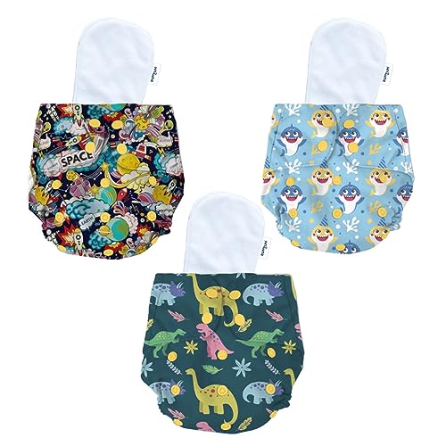 Image of Bumtum Baby Diaper | 0-3 Yrs Baby Freesize | Pack of 3, New Born Baby Diaper, Cloth Diaper, Waterproof Reusable Diaper, 5hrs Absorbency, Washable, Cotton (Dinosaurs, Wonderland & Baby Shark)