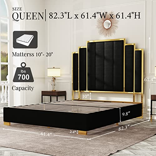 Albott Queen Size Platform Bed Frame, 61.4" Velvet Upholstered Bed With Gold Trim Headboard/Wooden Slats/No Box Spring Needed/Black #TOP1