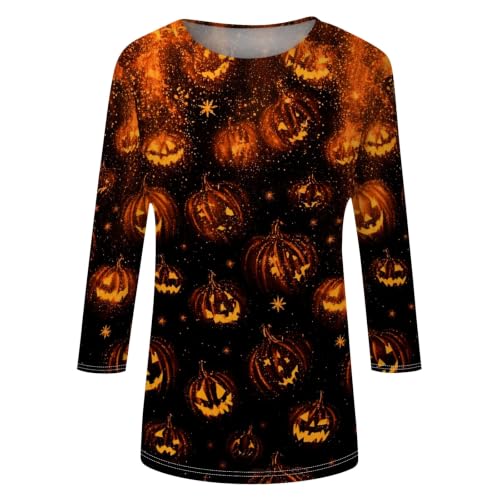 Image of Women Spooky Halloween Graphic Shirt 3 /4 Length Sleeve Crewneck Top | Halloween Funny Printed Pumpkin Plus Size Tshirts 2026 Fall Outfits Skeleton Tee Going Out Tops