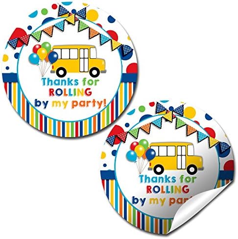 Wheels On The Bus Thank You Sticker Labels, 40 2" Party Circle Stickers by AmandaCreation, Great for Party Favors, Envelope Seals & Goodie Bags
