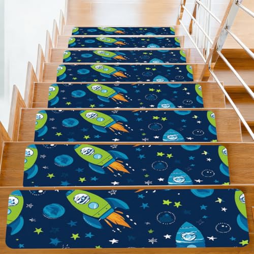Myfsucce 15 peldaños de escalera, 20 x 76 cm, antideslizantes, reutilizables, para pelar y pegar, para ancianos, niños y mascotas, patrón espacial de cohete