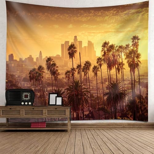 Tenture murale paysage cocotiers et ville de nuit grand format 140x210