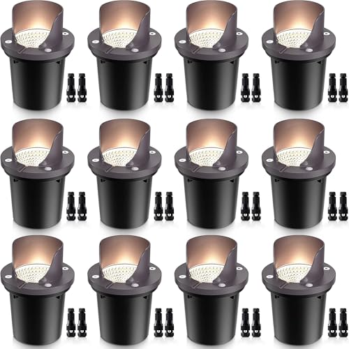 SUNVIE 12 Pack Low Voltage Landscape Lighting 12W LED Outdoor In-Ground Waterproof Shielded Well Lights Warm White Paver Lights with Wire Connectors for Pathway Garden Yard Fence Deck