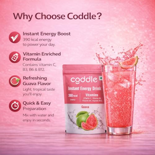 Image of Coddle Guava Instant Energy Drink Powder 900g Refill Pack | Instant Glucose Energy Drink | Electrolyte Hydration Powder | With Vitamin C, B3, B6 & B12 | Instant Energy, Immunity & Summer Hydration | Refreshing Guava Flavour