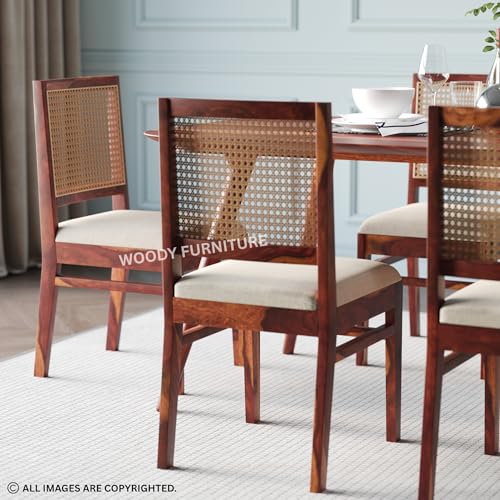 Image of WOODY Furniture Solid Sheesham Wood Dining Table 6 Seater Set | Rattan Six Seater Dinning Table with 6 Cushioned Chairs for Home | Wooden Kitchen Dinner Table 6 Seater| (Honey Finish)