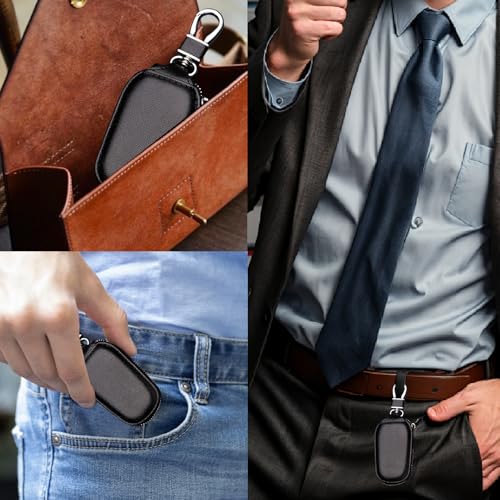 Image of Car Key Case,Universal Auto Key Holder With Metal Hook,Genuine Leather Car Smart Key Chain Keychain Holder Fits For Most Vehicles Black