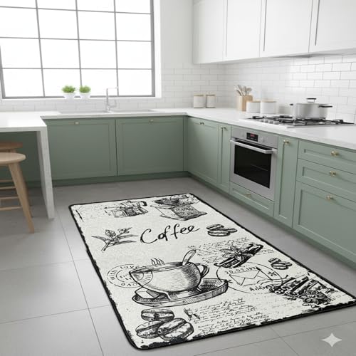 miqna Tappeto moderno in gel per cucina con motivo a pavimento antiscivolo, con scritta Coffee Macchiato (Core Black, 120 x 180 cm)