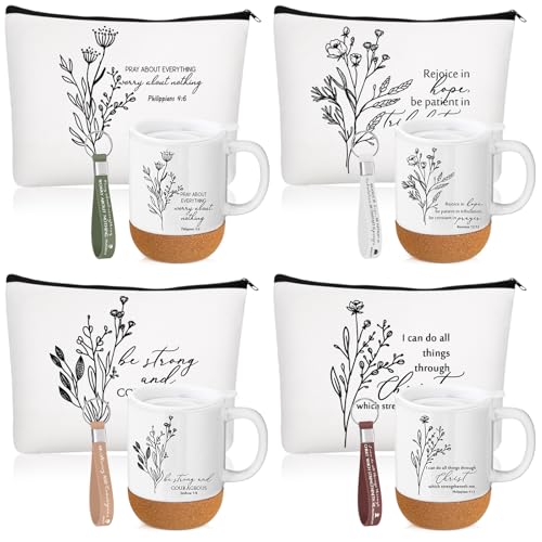 12 Pcs Christian Gifts Set 13.5 Oz Mug with Makeup Bag Keychain, White