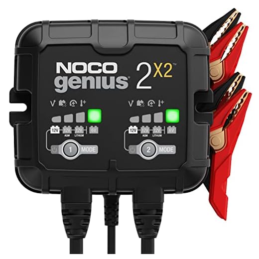 NOCO GENIUS2X2, 2-Bank, 4-Amp (2-Amp Per Bank) Fully-Automatic Smart Charger, 6V and 12V Battery Charger, Battery Maintainer, Trickle Charger, and Battery Desulfator with Temperature Compensation