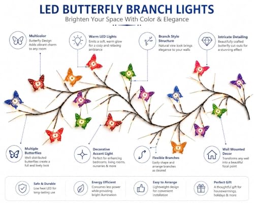 Image of P SEVEN Cherry Blossom LED String Lights, Butterfly Vine Wall LED Decor with Remote Control, USB Powered, DIY Indoor Decoration Illuminated Artificial Twig Garland(Butterfly LED Wall Decor Lights)