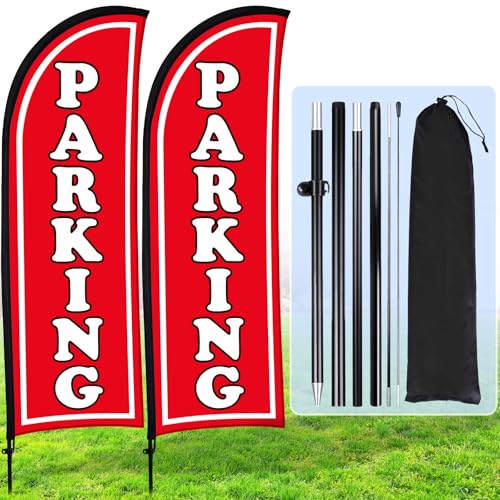 Hahafelt 2 Sets 2 Sets Parking Feather Flag with Pole 7ft Parking Sign Banner Swooper Flag with Ground Stake and Portable Bag for Business Outside Event (Red)