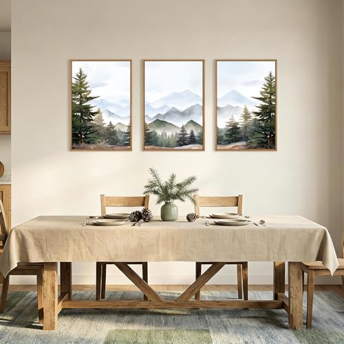 Image of KAIRNE Misty Mountain Landscape Framed Canvas Wall Art Set, Nature Forest Wall Decor, Green Pine Tree Art Prints, Modern Foggy Woodland Artwork for Living Room,Bedroom,Farmhouse,Office-16 x24 x3