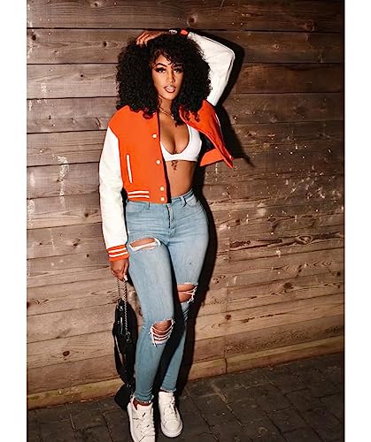 Image of Mintsnow Womens Varsity Jacket Long Sleeve Button Down Bomber Jackets Casual Baseball Uniform Streetwear