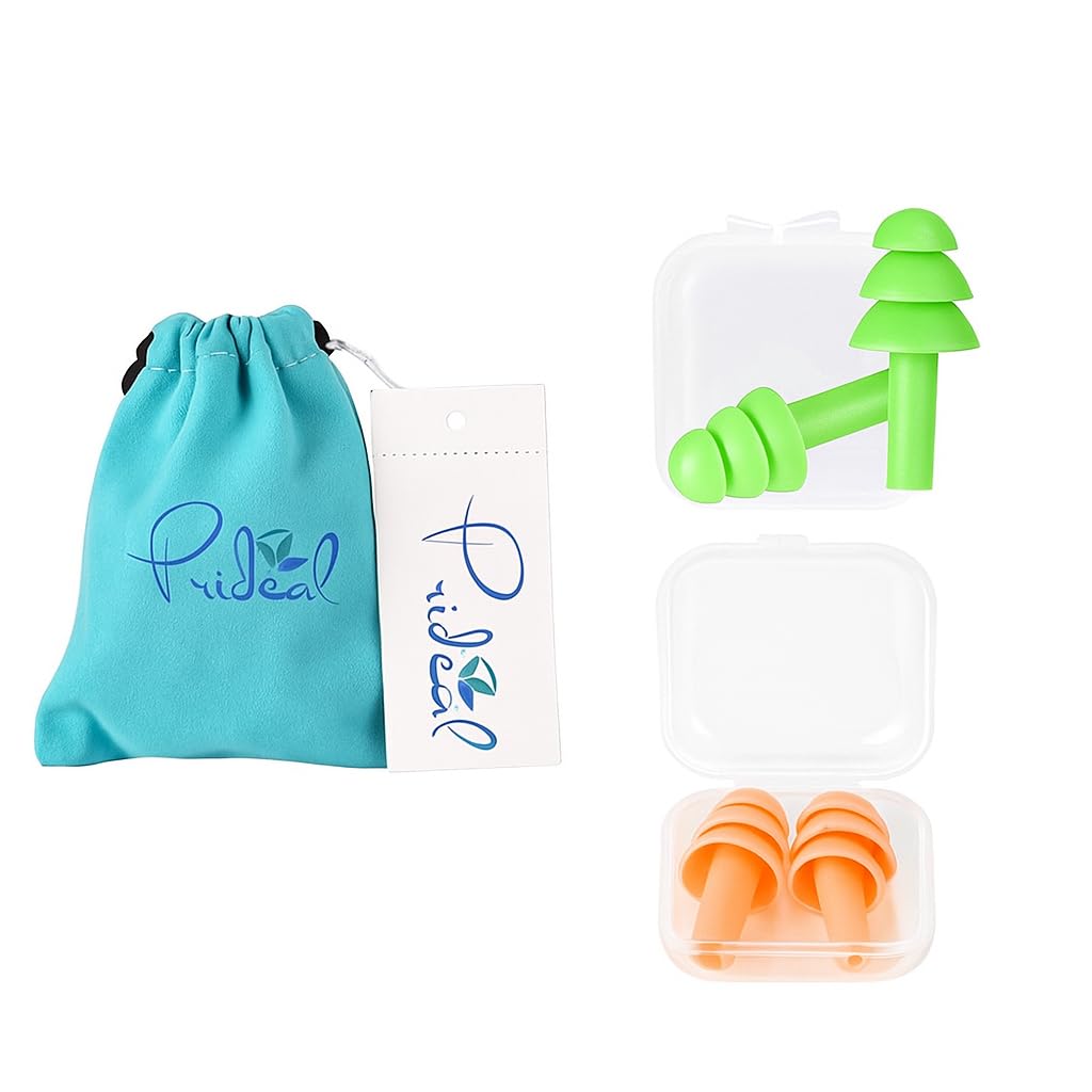 2 Pairs Reusable Silicone Ear Plugs - NRR 32, Waterproof, Hypoallergenic - Ultra Comfortable Noise Reduction Earplugs for Sleeping, Swimming, Concerts and Airplanes (earplugs 2 Set) (Orange and Green)