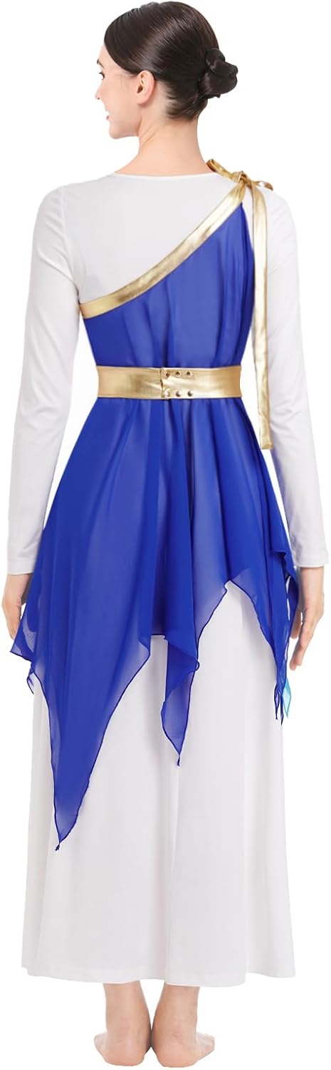 AFAVOM Women Praise Dance Dress + Multi Way Wrap Skirt Metallic Color Block Long Sleeve Liturgical Lyrical Dancewear Costume