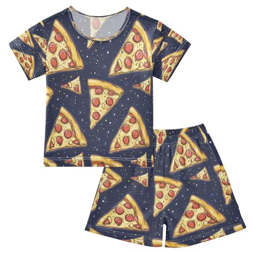 Pajama Sets Short Sleeve Pizza Slice Pattern on Blue Soft Cotton Summer Sleepwear 2 Piece PJS Size 5-14T