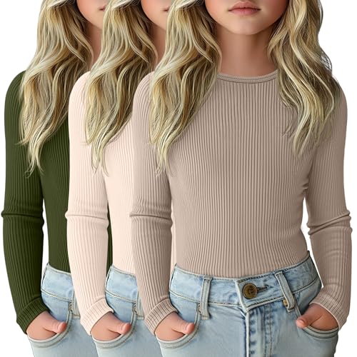 LessonZoo 3 Pack Girls Long Sleeve Shirts Ribbed Knit Cotton