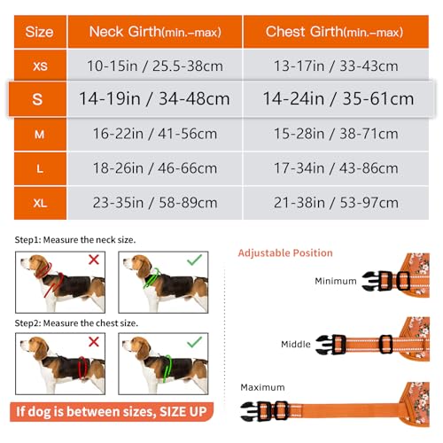 HEELE Hundegeschirr, Hundegeschirre kleine Hunde mit Griff reflektierendes Hundegeschirr gepolstertes Brustgeschirr No Pull Geschirr Hund Verstellbar, Blume-Orange, S