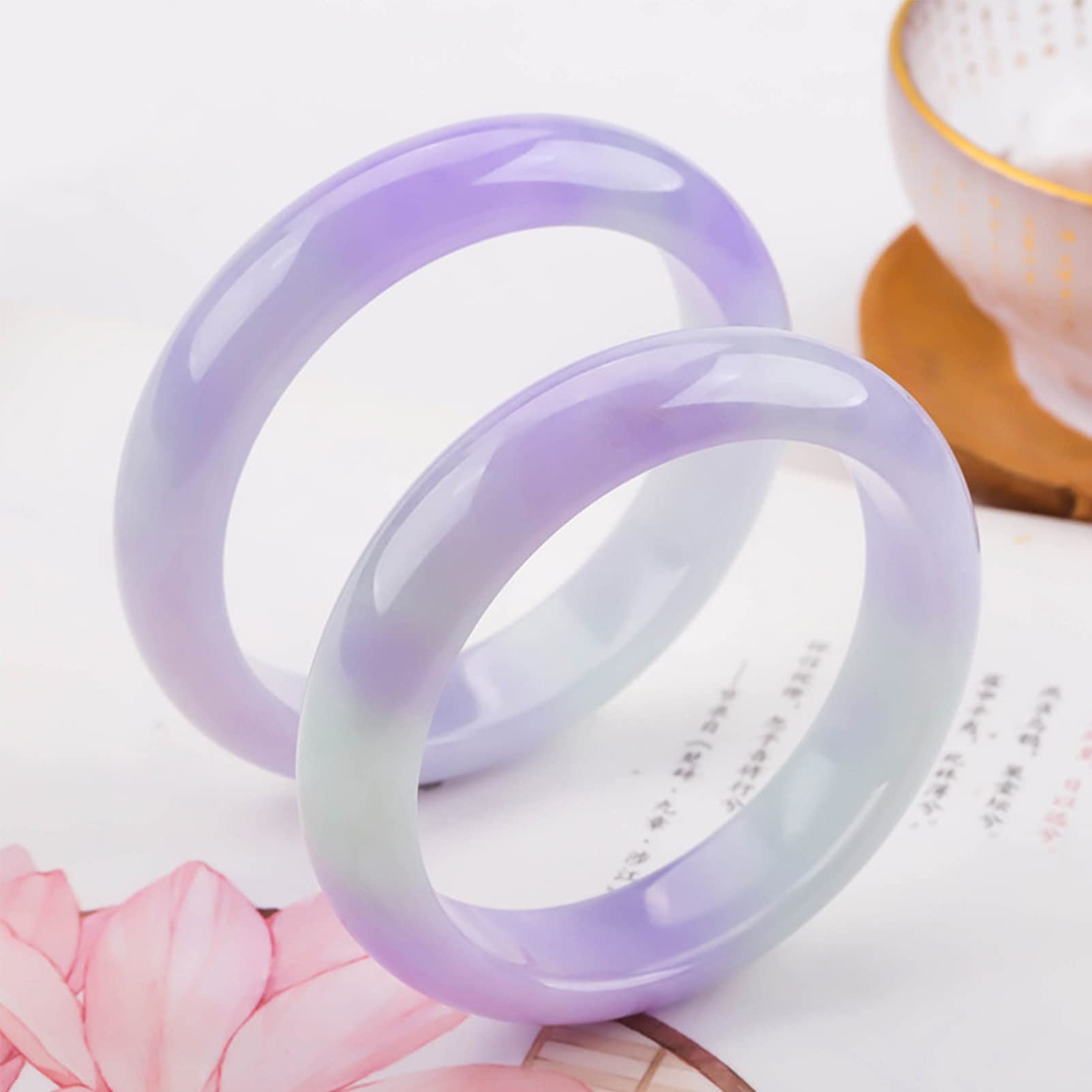 Set da 2 Pezzi Bracciale con Smeraldo Viola per Giovani Donne Regalo Bracciale in Giada Viola Galleggiante con Giada birmana con Scatola di Certificato (Colore: Viola, Dimensioni: 56mm)