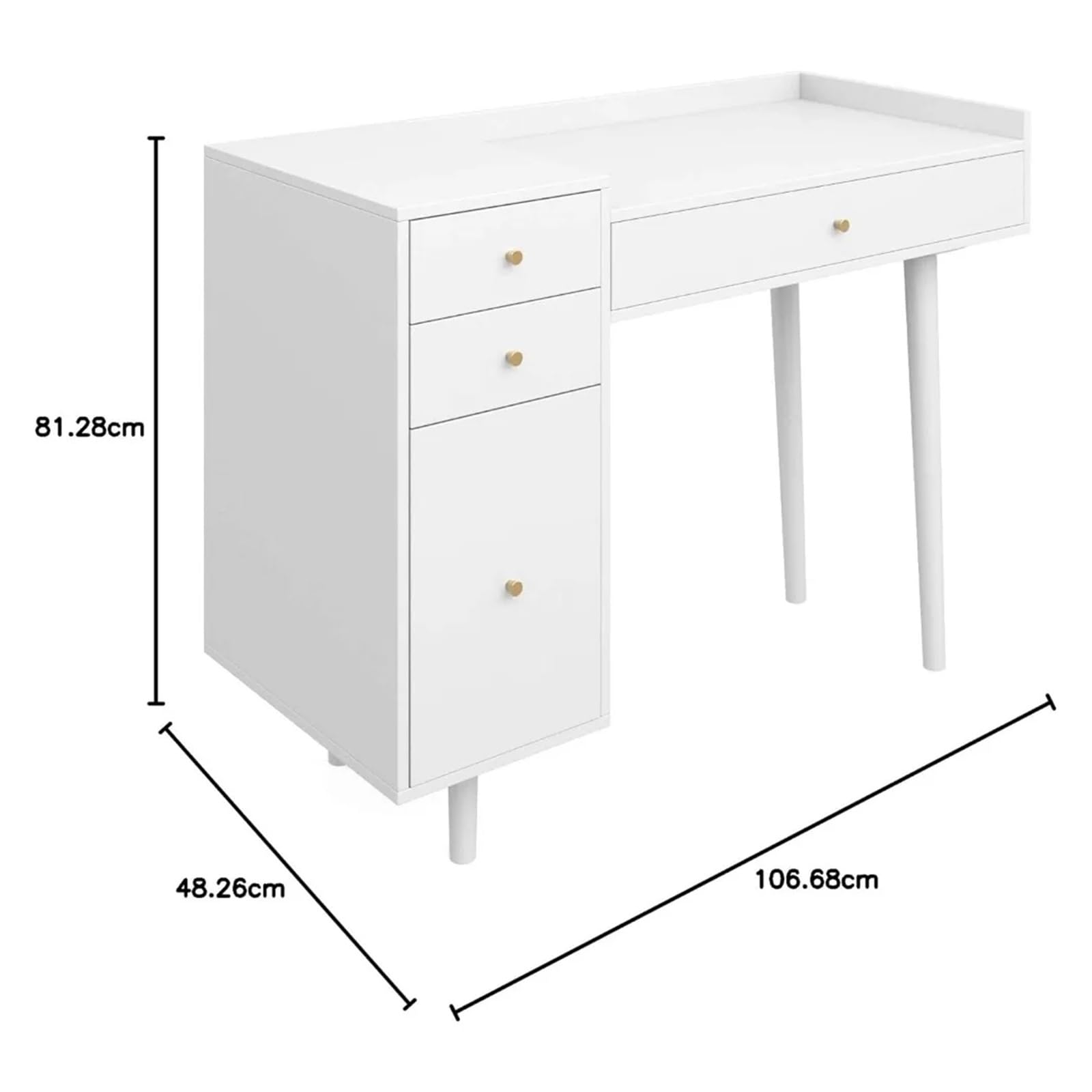 TONDI Vanity Dressing Table or Makeup Desk with 4-Drawers and Brass Accent Knobs, White Wood,Vanity, qz-7461