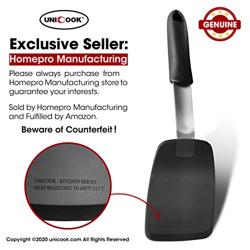 Unicook 2 Pack Flexible Silicone Spatula, Turner, 600F Heat Resistant, Ideal for Flipping Eggs, Burgers, Crepes and More, Black