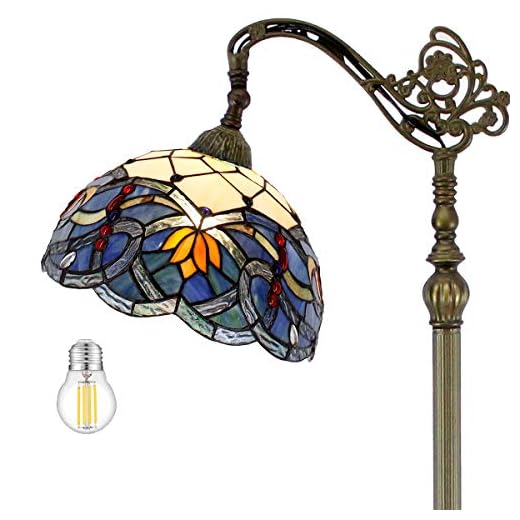 WERFACTORY Tiffany Floor Lamp Blue Lotus Flower Stained Glass Arched Lamp 12X18X64 Inch Gooseneck Adjustable Corner Standing Reading Light Decor Bedroom Living Room S220 Series