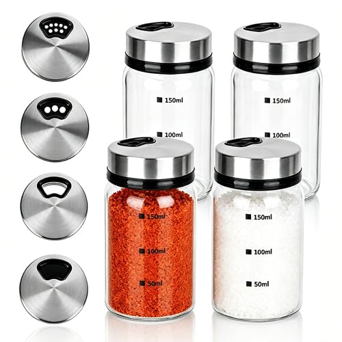 WeeGoo Glass Salt Pepper Shaker, 150ml/5oz Rotating Seasoning Shaker, 4 Pcs