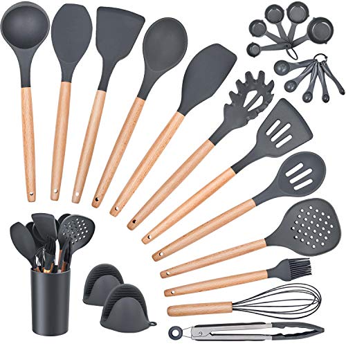 Homikit 25-Piece Kitchen Cooking Utensils Set with Holder Silicone Spatula Spoon Ladle Turner Skimmer for Nonstick Cookware Kitchen Tools Gadgets with Wooden Handle Gray