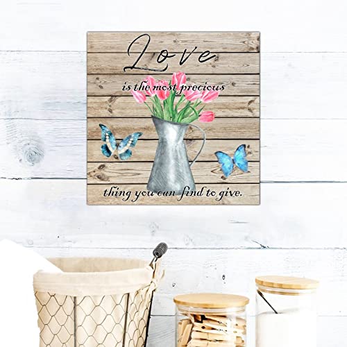 Plaque murale en bois tableau papillon tulipe bouilloire 40x40 cm