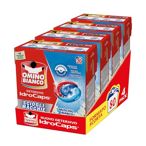 Omino Bianco Idrocaps - Detersivo LavatriceiIn Capsule Sciogli Macchie, 80 Lavaggi, Efficace a Basse Temperature, Profumo Muschio Bianco, 20 Caps x 4 Confezioni