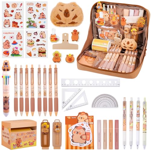 Bukbas Juego de Capibara Papeleria, 62pcs Kawaii Estuche Capibara con Pegatinas Capibara, Bolígrafos, Reglas y Más, Set Papeleria para Niños, Organizador Estuche de Capibara (A)