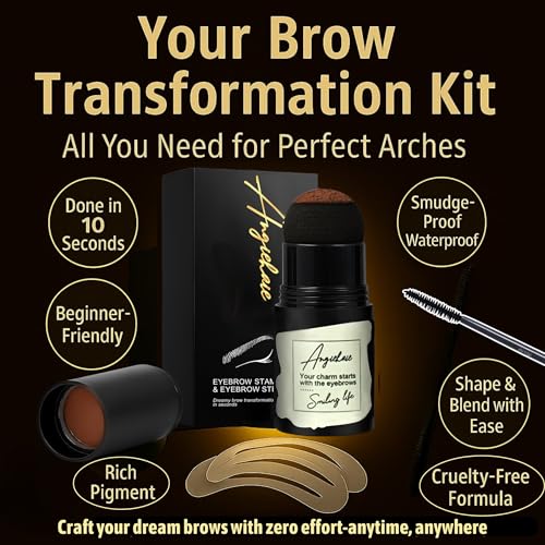 Eyebrow Stamp with 24 Reusable Stencils, Waterproof & Smudge Proof Eyebrow Stencils Shaping Set for Defined Brows, Brow Stamp Kit for Women (Medium Brown)