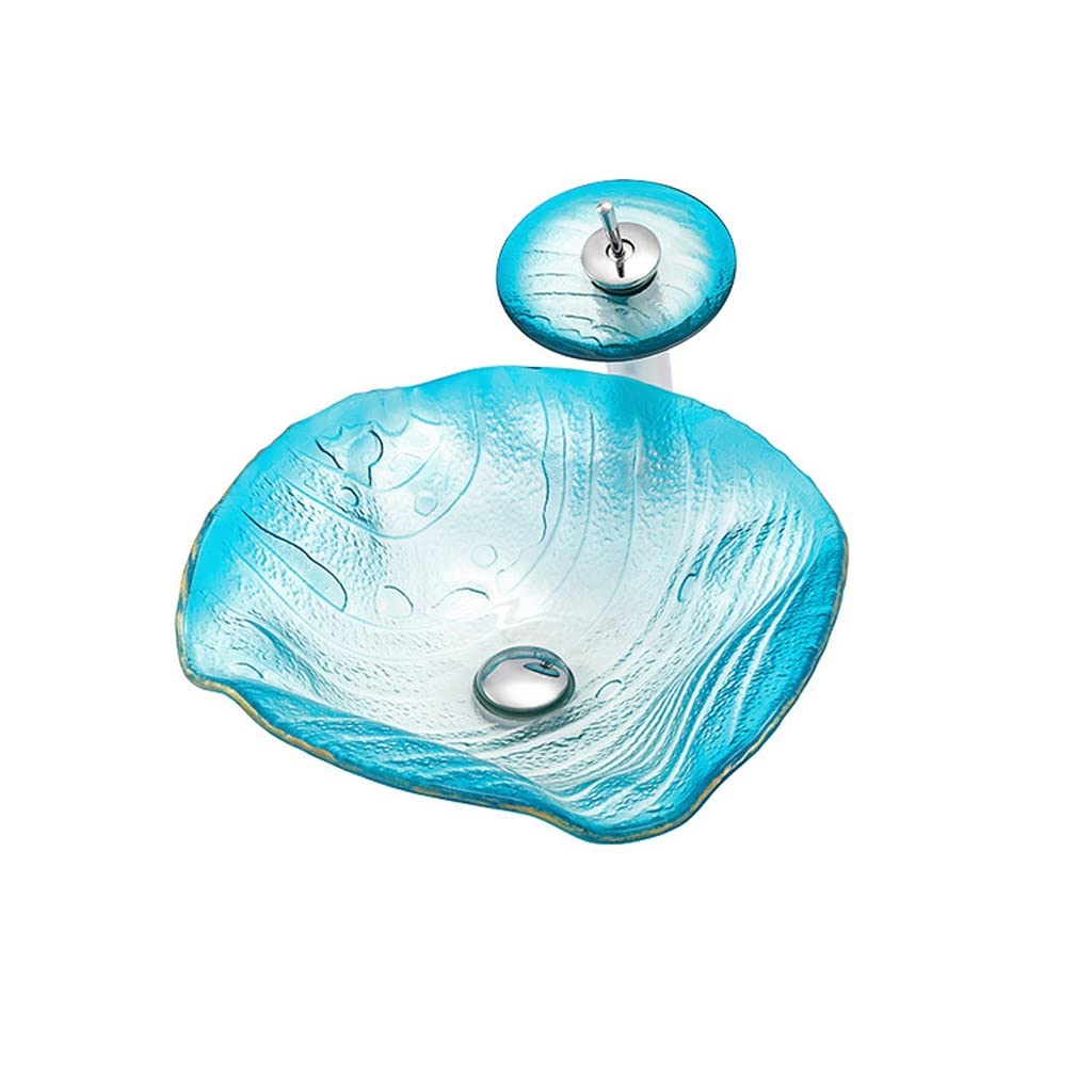 ADERFETBI Bathroom Sink Bathroom Vessel Sink Countertop Tempered Glass Hand Painted Waterfall Spout Basin Blue(Sink set)