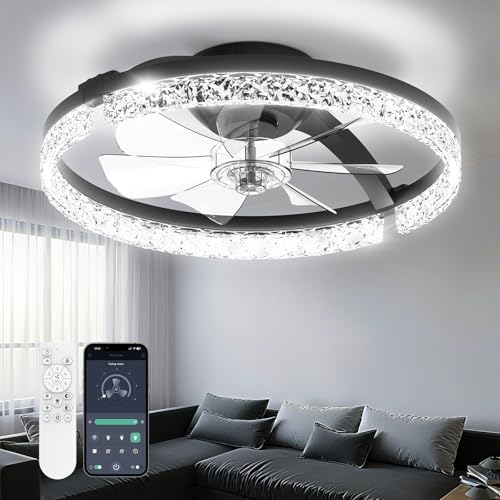 Aphyni Ceiling Fans with Lights and Remote, Low Profile Ceiling Fan, Morden Flush Mount LED Fan Light, 3000K-6500K Dimmable for Bedroom, Kitchen, Living Room, Srystal, Black