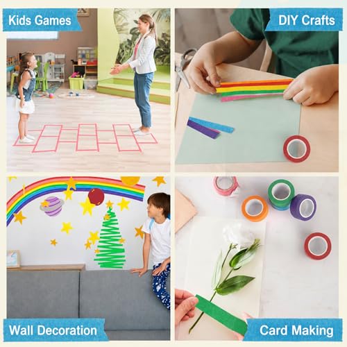 Image of Colored Masking Tape 1 Inch, 7 Rolls, Colorful Tape for Crafts. | 7 colored tape rolls, 14.2 yd each, writable and removable, easy to tear by hand, in a clear hanging case.